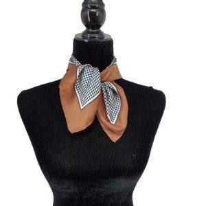 Vintage Silk Scarf Navy Blue Brown Houndstooth Hand Rolled 18" Square